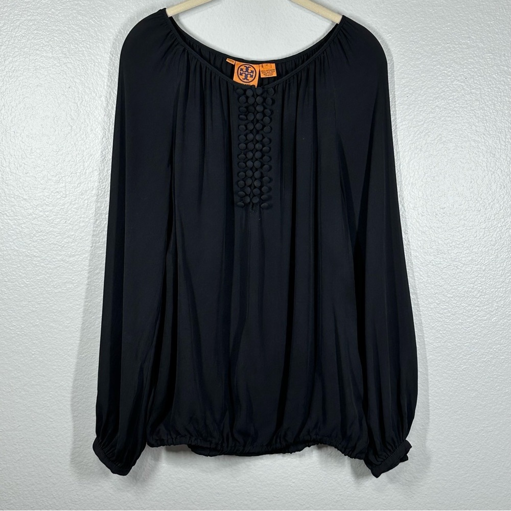 Tory Burch Silk Popover Blouse Top Women's 12 Black Long Sleeve Gathered Waist